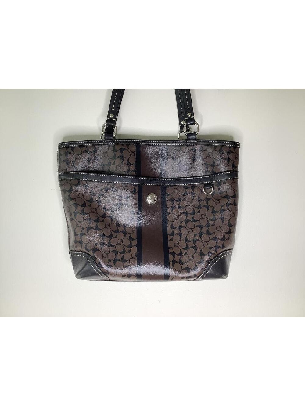< Coach Chelsea Heritage Stripe Brown Signature Leather Tote > - Picture 3 of 10